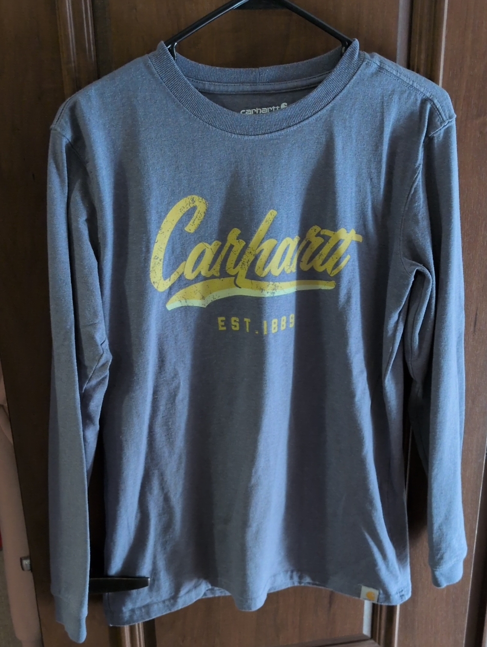 Carhartt Long Sleeve Logo Tee in Slate Blue with Yellow Script